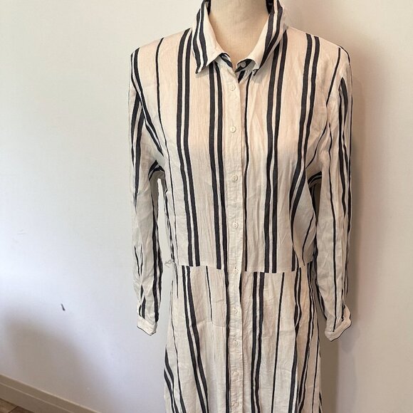 Zara Woman Linen Blend Long Maxi Shirt Dress Vertical  Stripes XL NWOT - Picture 11 of 11